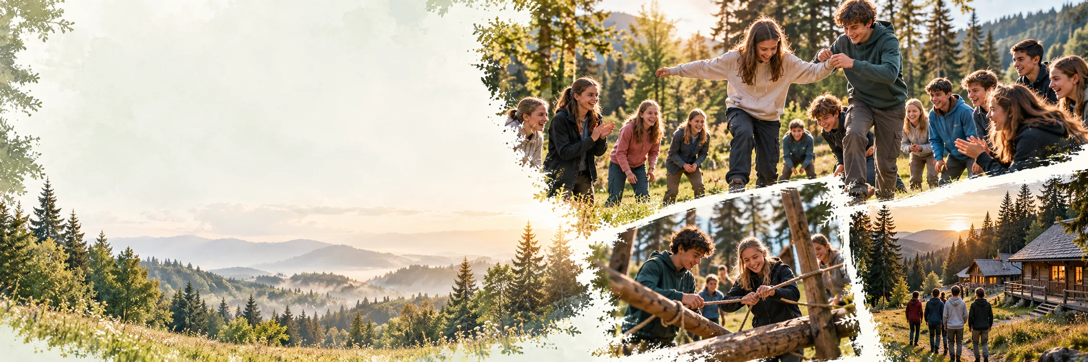 Illustratives Schulklassen-Kampagnenmotiv mit Spielen im Grünen.