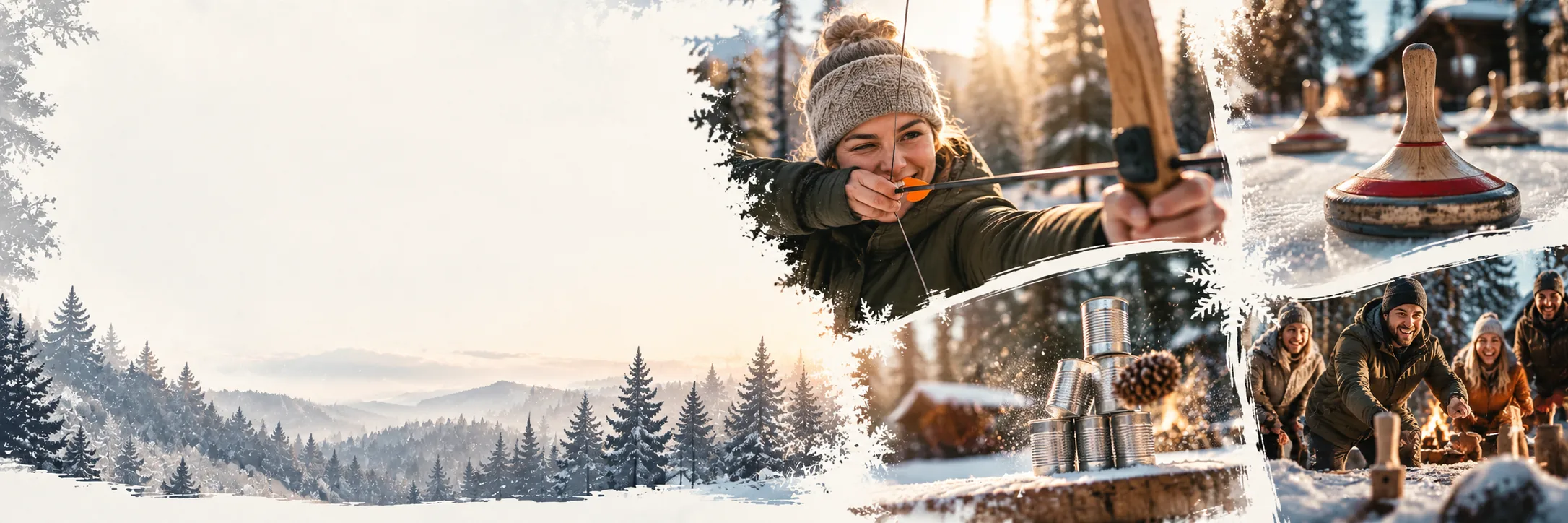Winterliches Kampagnenmotiv mit Waldkulisse, Bogenschießen, Eisstock und gemeinsamen Teamspielen.