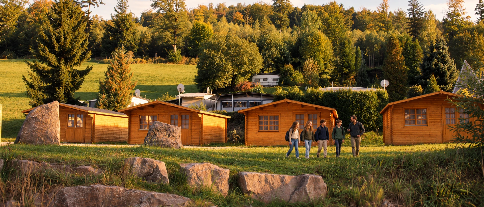 Holzhütten im Grünen mit einer Gruppe auf der Wiese.